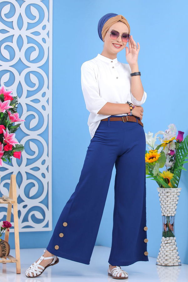 Kemerli Pantolon Siyah  Mavi - 7597 MAVİ