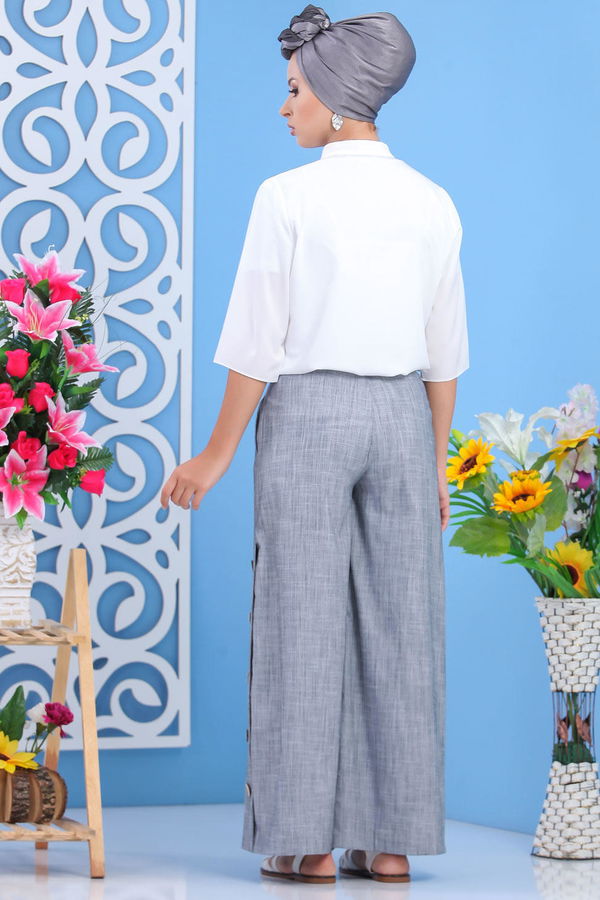 Dügme Detay Bol Paça Pantolon Gri - 02 7394 Gri - 7394 GRİ