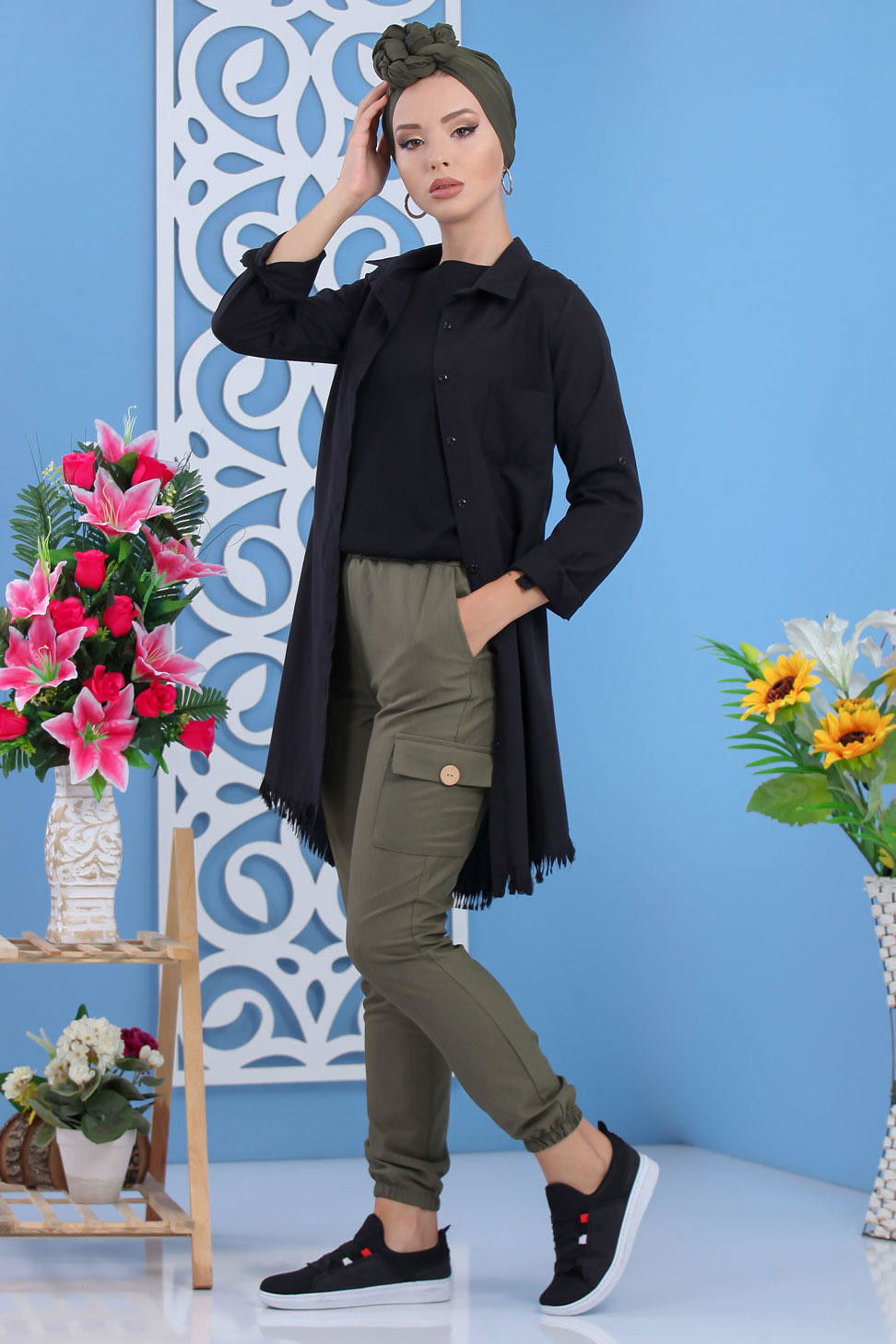 Keten Pantolon Siyah Haki - 1233 HAKİ