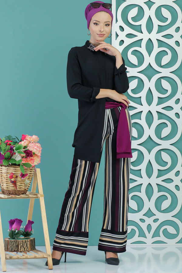Kuşaklı Pantolon Haki Mor - 1234 MOR
