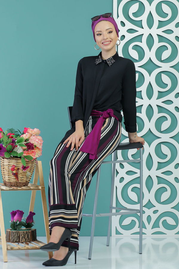 Kuşaklı Pantolon Haki Mor - 1234 MOR