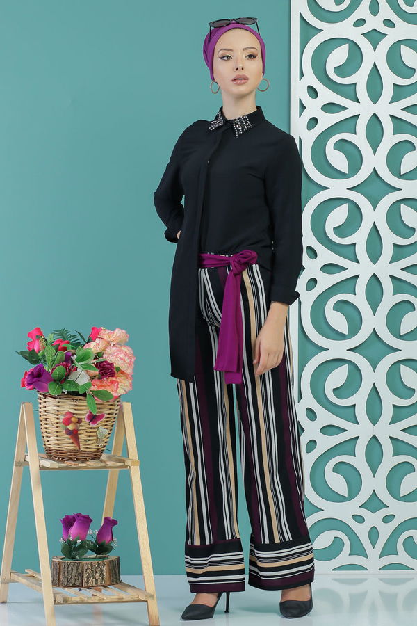 Kuşaklı Pantolon Haki Mor - 1234 MOR