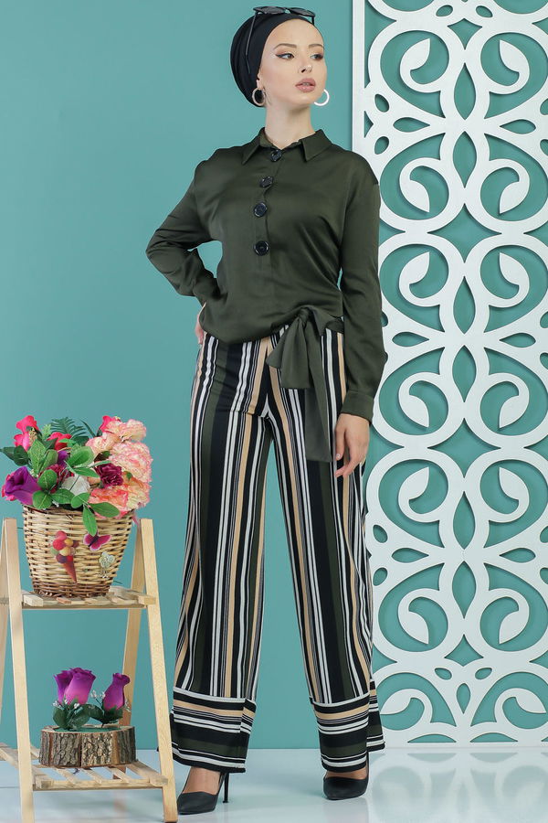 Kuşaklı Pantolon Haki Haki - 1234 HAKİ