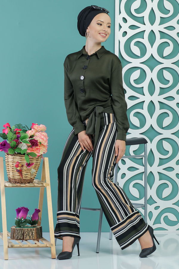 Kuşaklı Pantolon Haki Haki - 1234 HAKİ