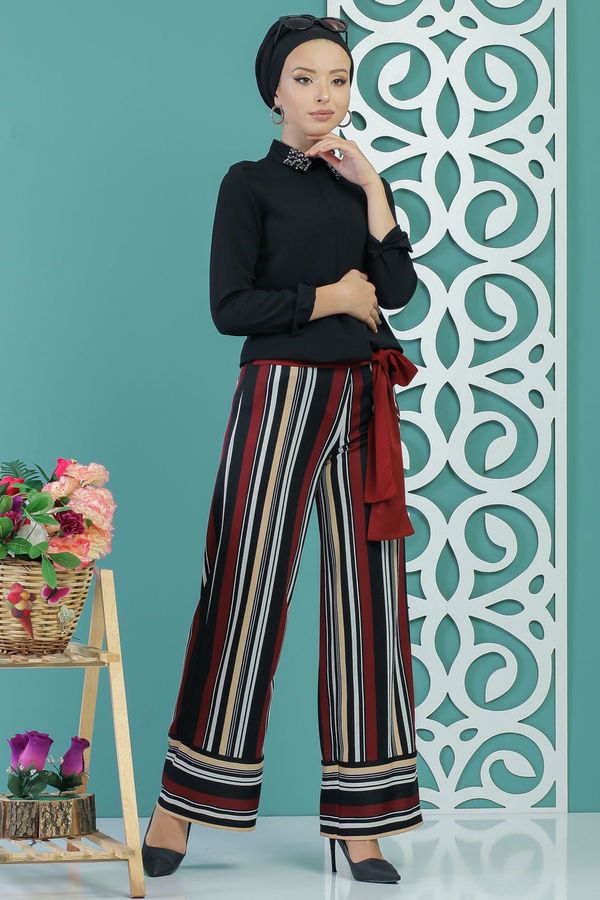 Kuşaklı Pantolon Haki Bordo - 1234