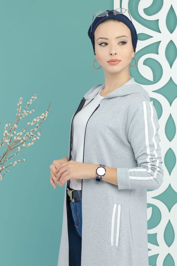 Kapşonlu Kap Siyah Gri - 7665 GRİ