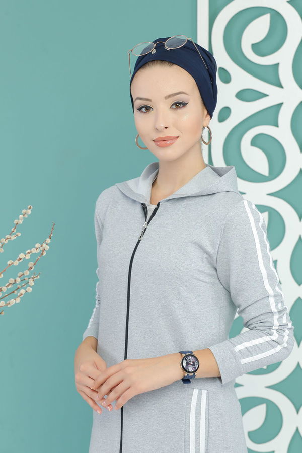 Kapşonlu Kap Siyah Gri - 7665 GRİ