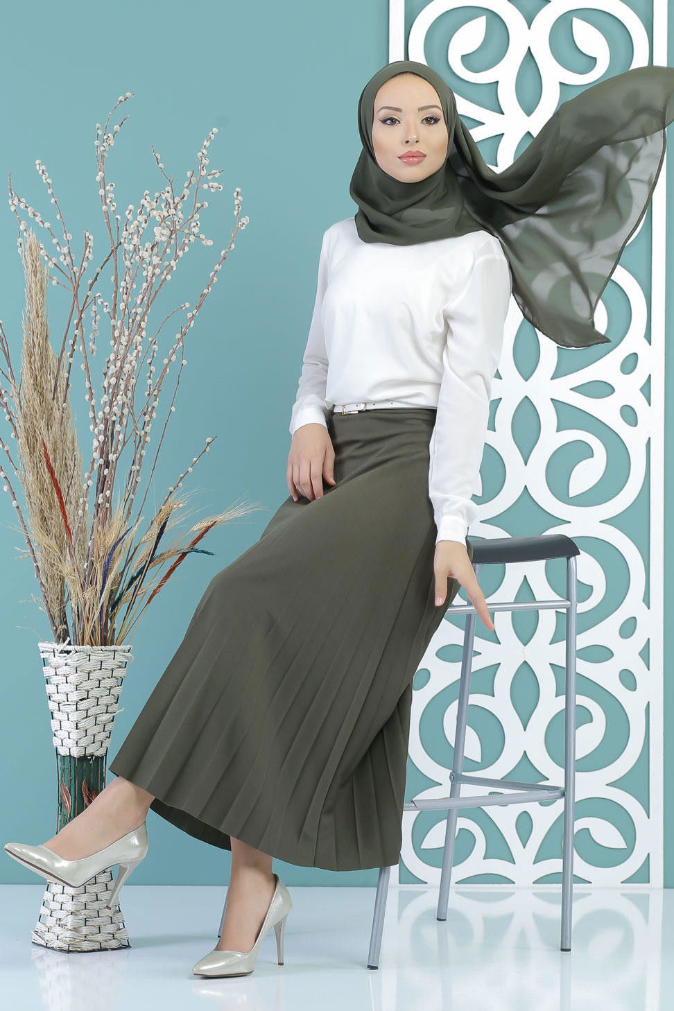 Pliseli Etek Haki - 02 7670 Haki - 7670 HAKİ