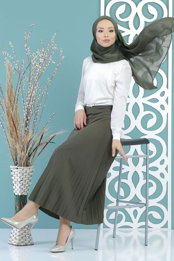 Pliseli Etek Haki - 02 7670 Haki - 7670 HAKİ