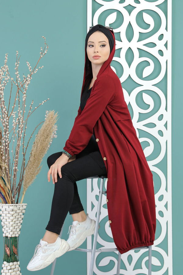 Kapşonlu Dügmeli Hırka Siyah Bordo - 7692