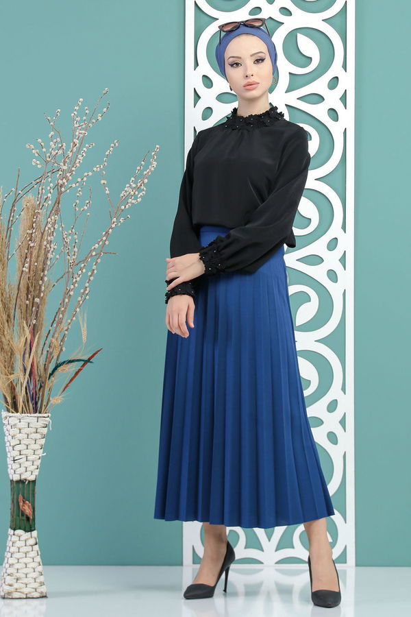 Pliseli Etek Saks - 02 7670 Mavi - 7670