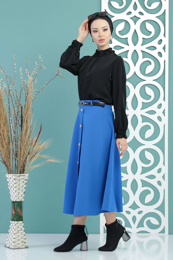 Dügme Detay Etek Saks - 02 7724 Mavi - 7724 MAVİ