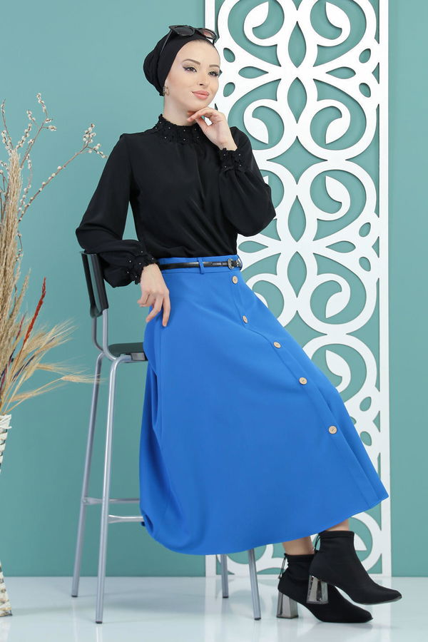Dügme Detay Etek Saks - 02 7724 Mavi - 7724 MAVİ