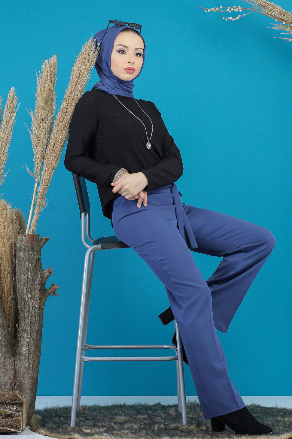 Kuşaklı Bol Pantalon İndigo - 7739 Mavi - 7739 MAVİ