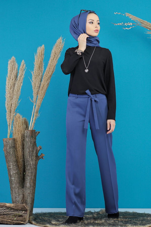 Kuşaklı Bol Pantalon İndigo - 7739 Mavi - 7739 MAVİ