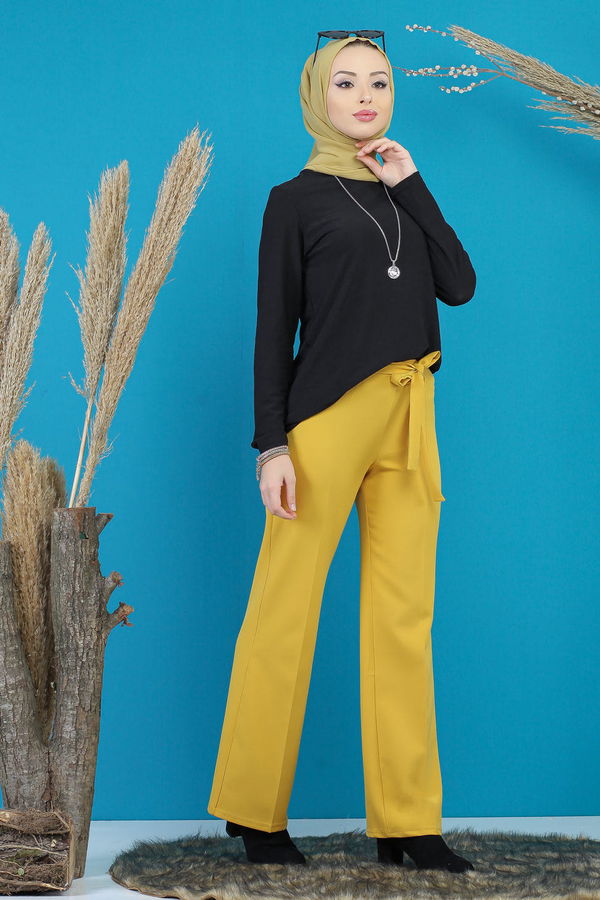 Kuşaklı Bol Pantalon Hardal - 7739 Sarı - 7739