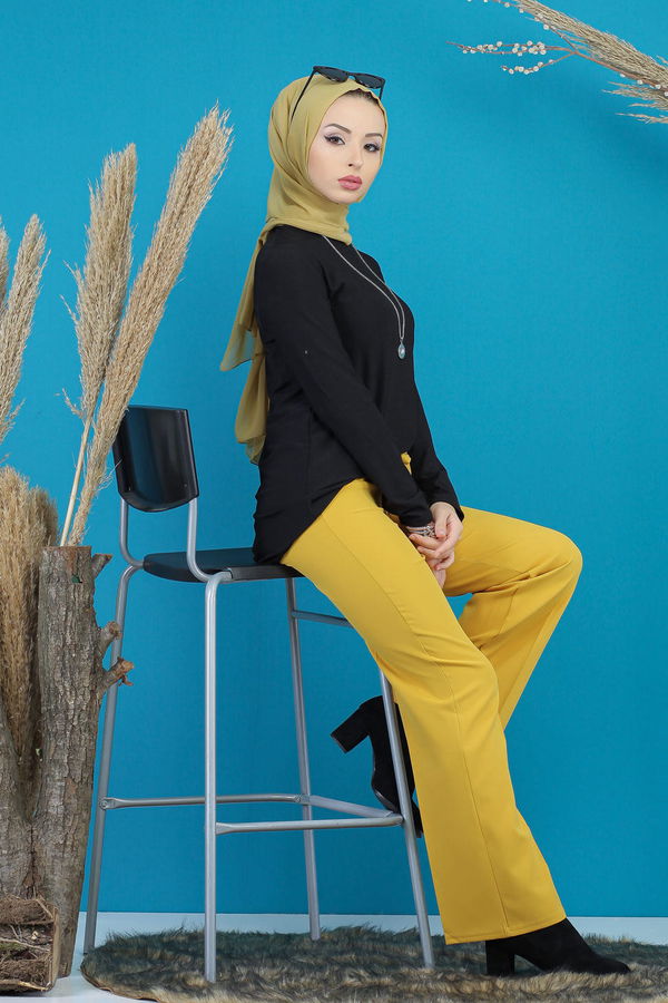 Kuşaklı Bol Pantalon Hardal - 7739 Sarı - 7739