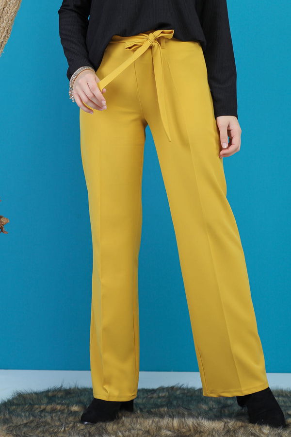 Kuşaklı Bol Pantalon Hardal - 7739 Sarı - 7739