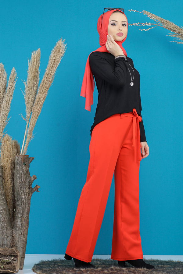 Kuşaklı Bol Pantalon Kırmızı - 7739 Kırmızı - 7739