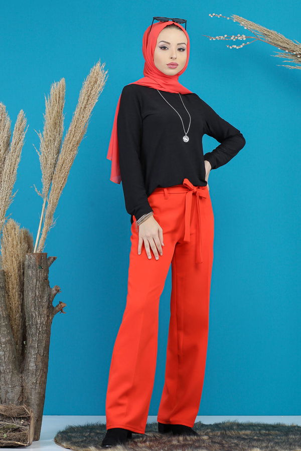 Kuşaklı Bol Pantalon Kırmızı - 7739 Kırmızı - 7739