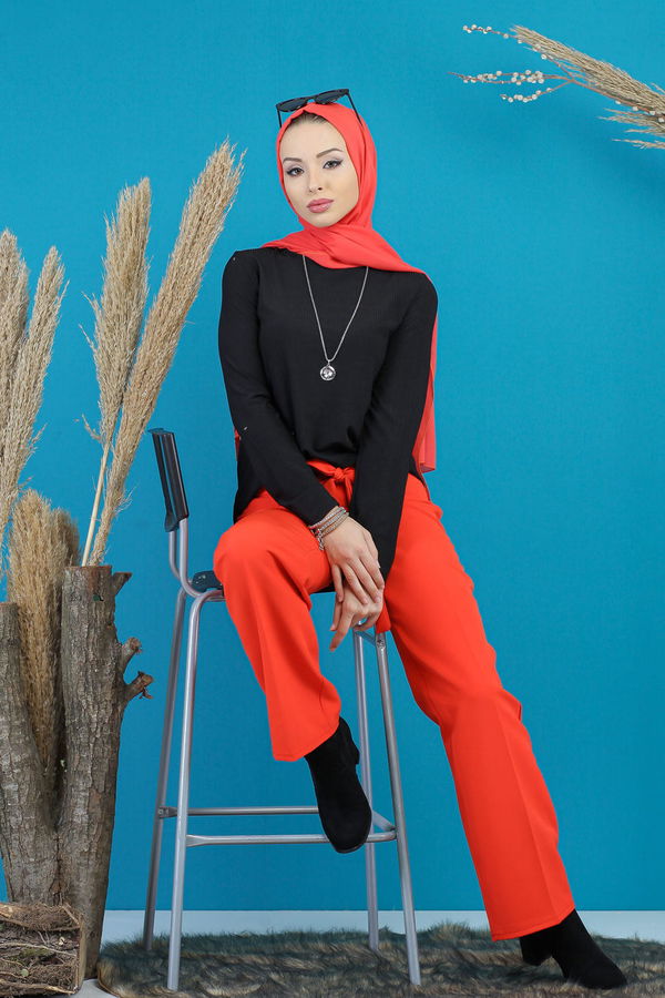Kuşaklı Bol Pantalon Kırmızı - 7739 Kırmızı - 7739