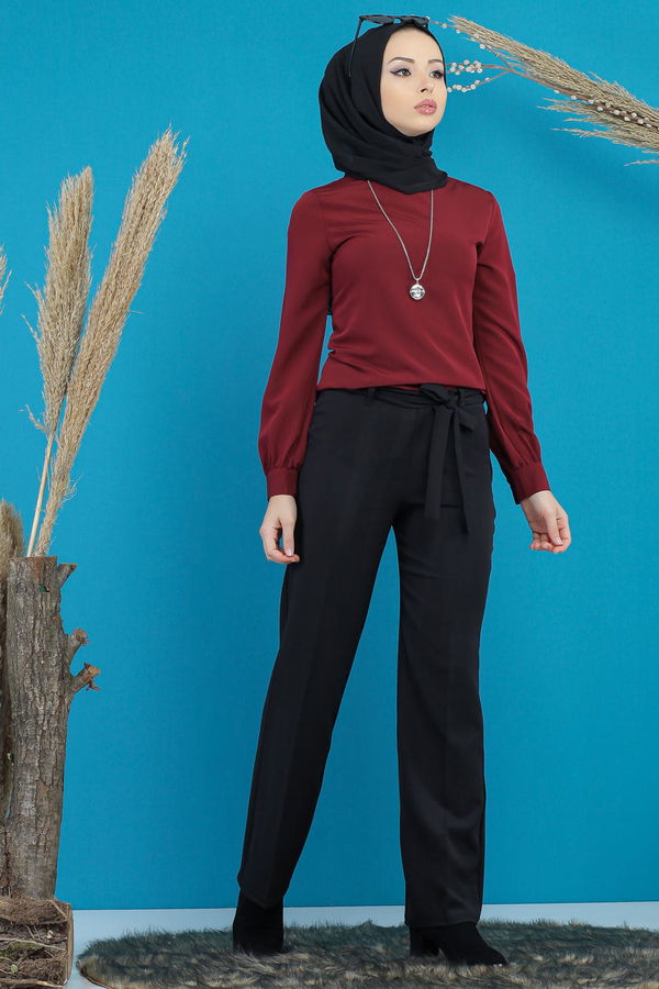 Kuşaklı Bol Pantalon Siyah - 7739 Siyah - 7739 SİYAH