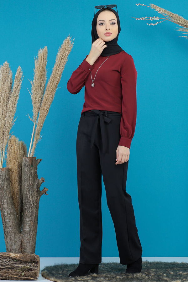 Kuşaklı Bol Pantalon Siyah - 7739 Siyah - 7739 SİYAH