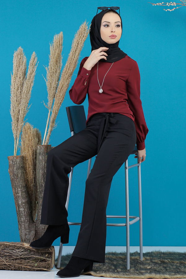 Kuşaklı Bol Pantalon Siyah - 7739 Siyah - 7739 SİYAH