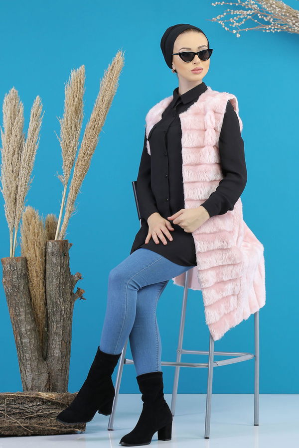 Uzun Peluş Yelek Siyah Pembe - 7776 PEMBE