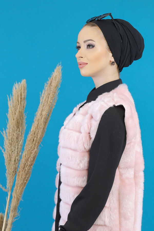 Uzun Peluş Yelek Siyah Pembe - 7776 PEMBE