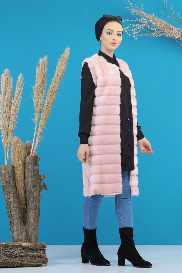 Uzun Peluş Yelek Siyah Pembe - 7776 PEMBE