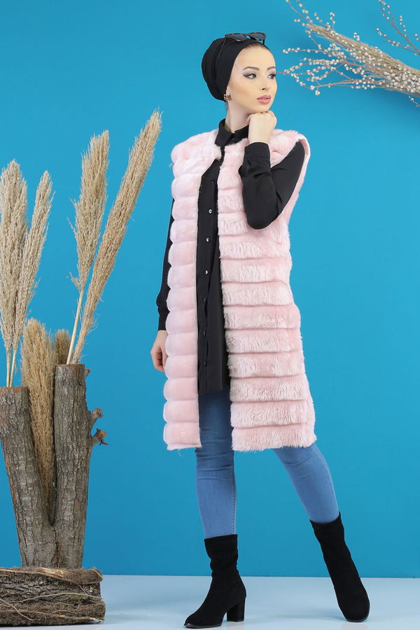 Uzun Peluş Yelek Siyah Pembe - 7776 PEMBE