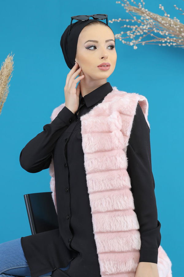 Uzun Peluş Yelek Siyah Pembe - 7776 PEMBE