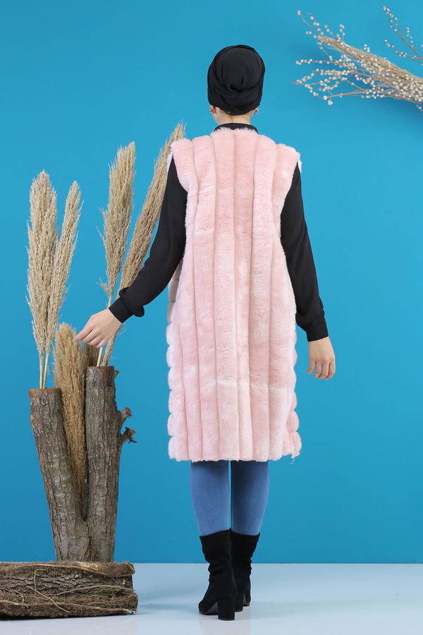 Uzun Peluş Yelek Siyah Pembe - 7776 PEMBE