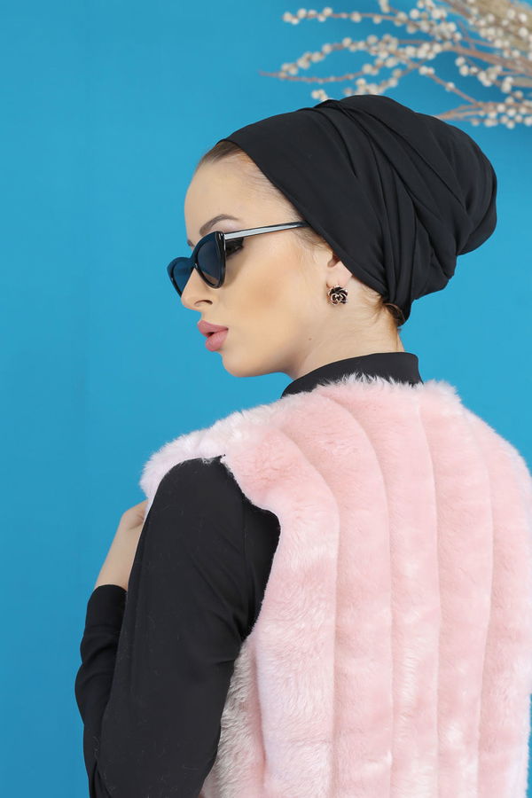 Uzun Peluş Yelek Siyah Pembe - 7776 PEMBE