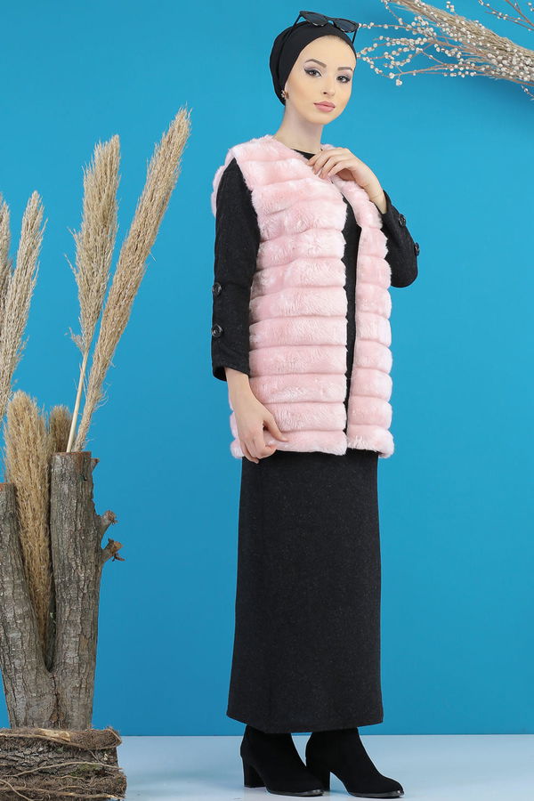 Kisa Peluş Yelek Siyah Pembe - 7777 PEMBE