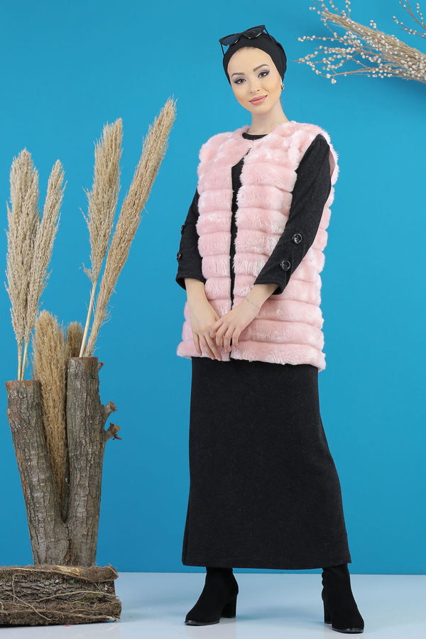 Kisa Peluş Yelek Siyah Pembe - 7777 PEMBE