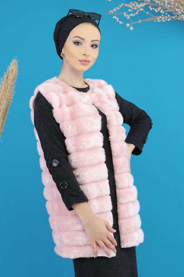 Kisa Peluş Yelek Siyah Pembe - 7777 PEMBE