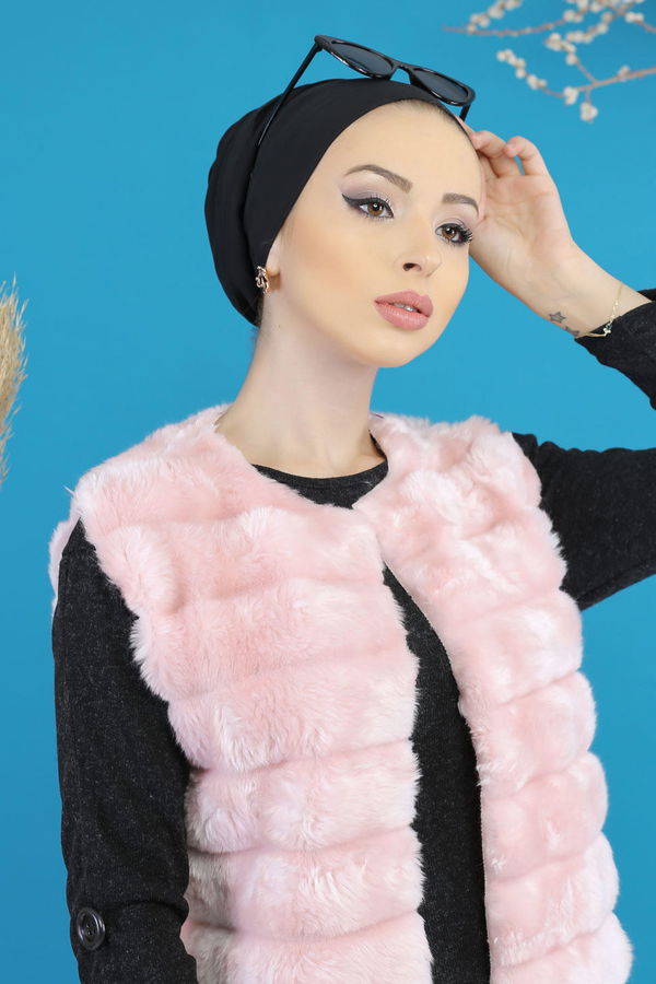 Kisa Peluş Yelek Siyah Pembe - 7777 PEMBE