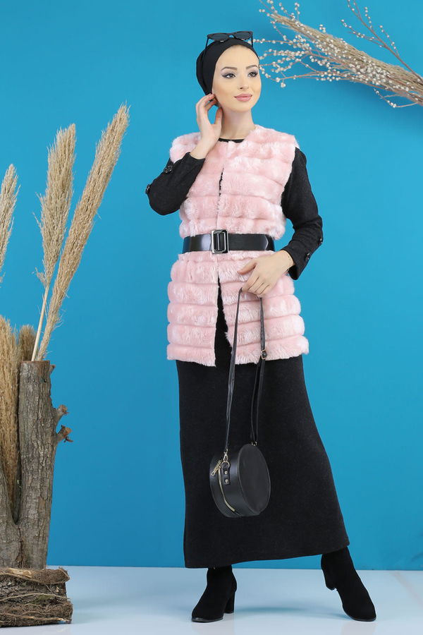 Kisa Peluş Yelek Siyah Pembe - 7777 PEMBE