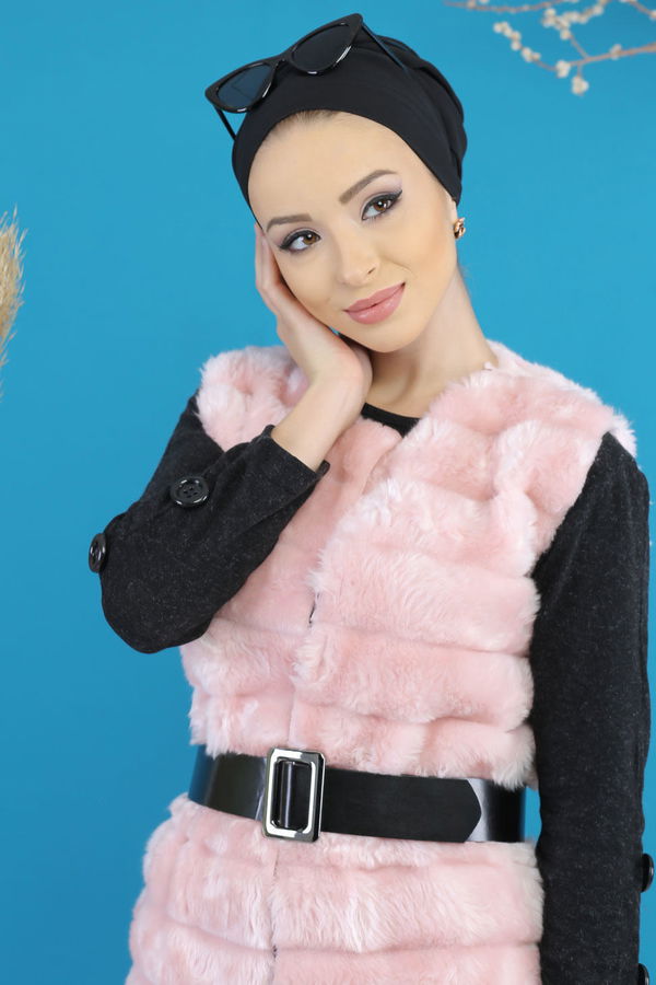 Kisa Peluş Yelek Siyah Pembe - 7777 PEMBE