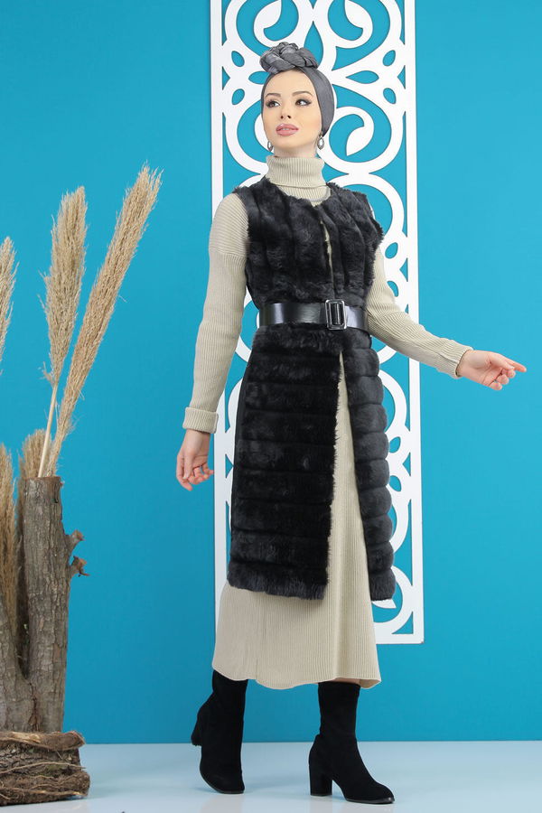 Uzun Peluş Yelek Siyah  Antrasit - 7821 ANTRASİT