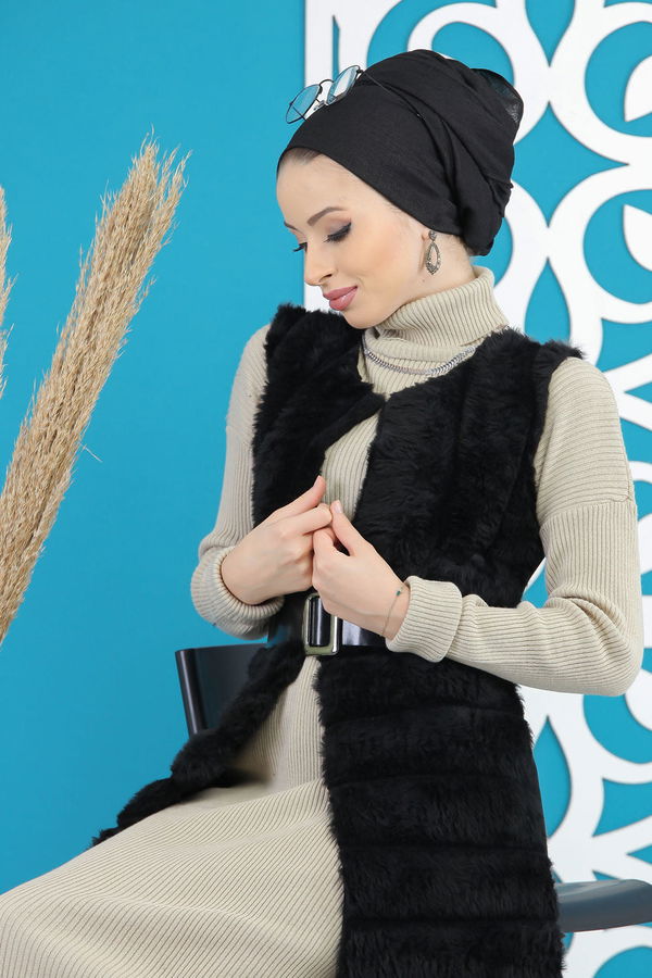 Uzun Peluş Yelek Siyah  Siyah - 7821 SİYAH
