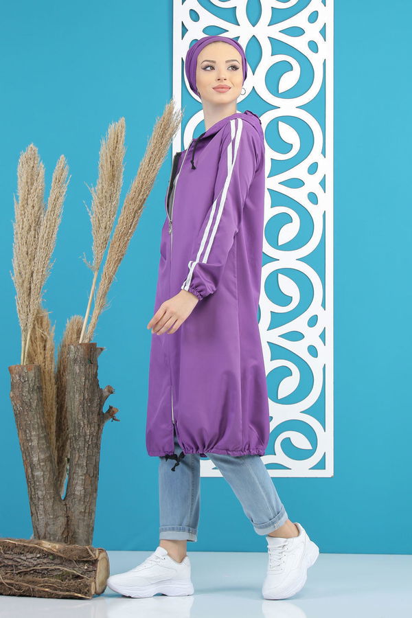Şeritli Yagmurluk Siyah Mor - 7833 MOR