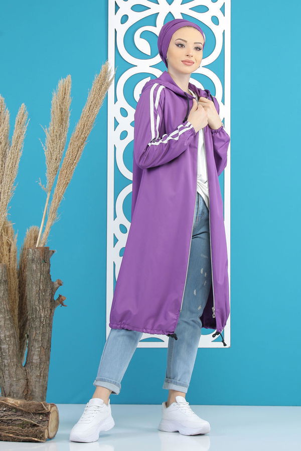 Şeritli Yagmurluk Siyah Mor - 7833 MOR