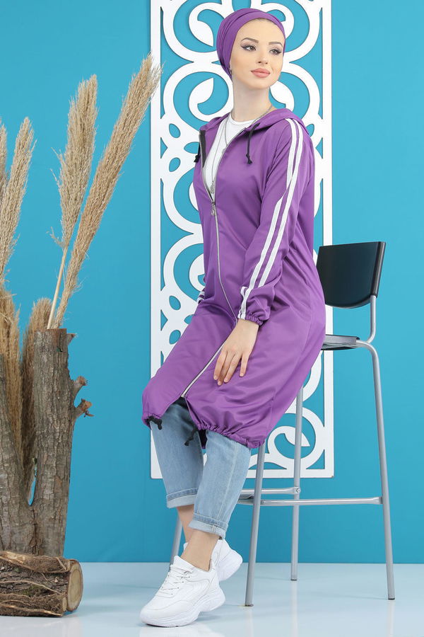 Şeritli Yagmurluk Siyah Mor - 7833 MOR