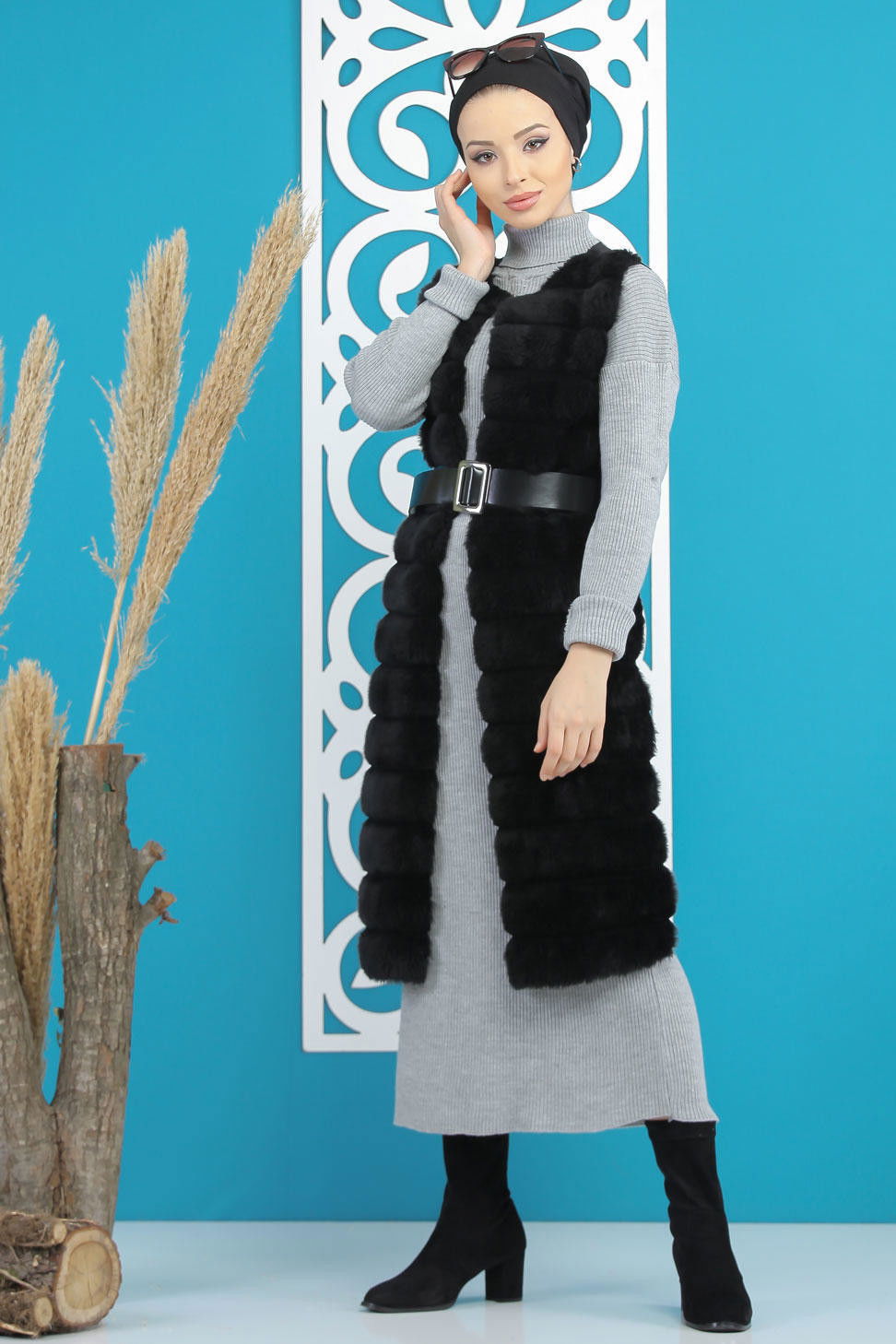 Uzun Peluş Yelek Siyah Siyah - 7832