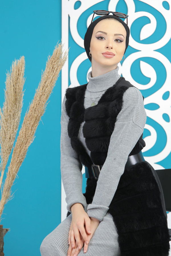Uzun Peluş Yelek Siyah Siyah - 7832