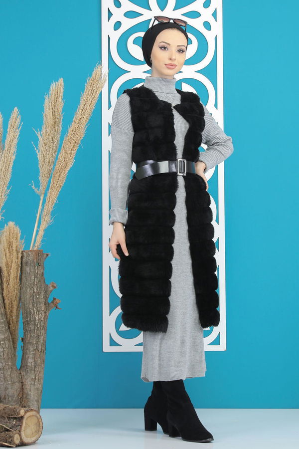 Uzun Peluş Yelek Siyah Siyah - 7832