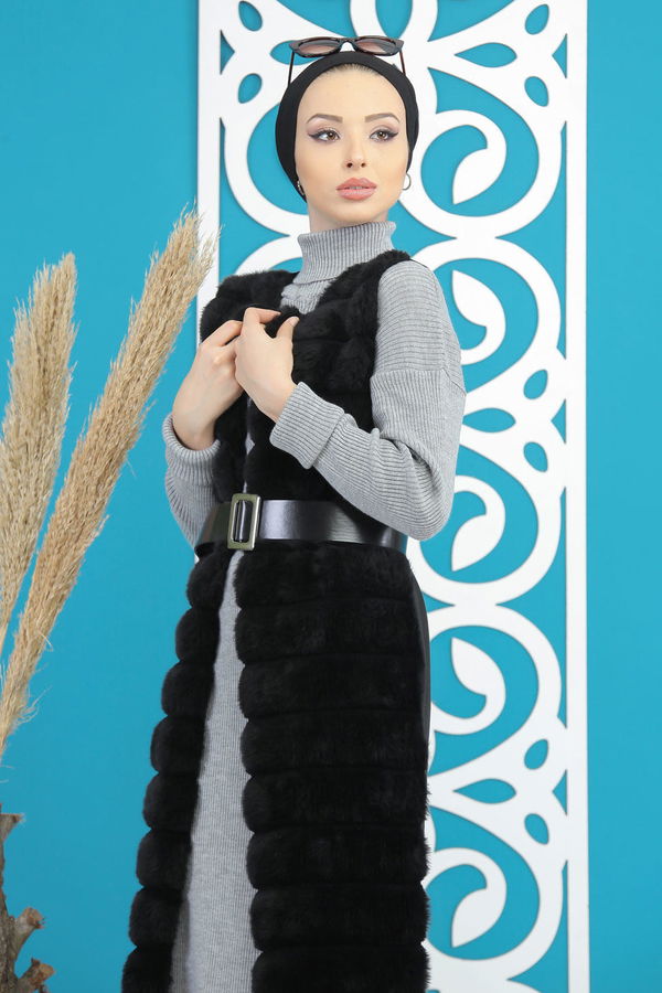 Uzun Peluş Yelek Siyah Siyah - 7832